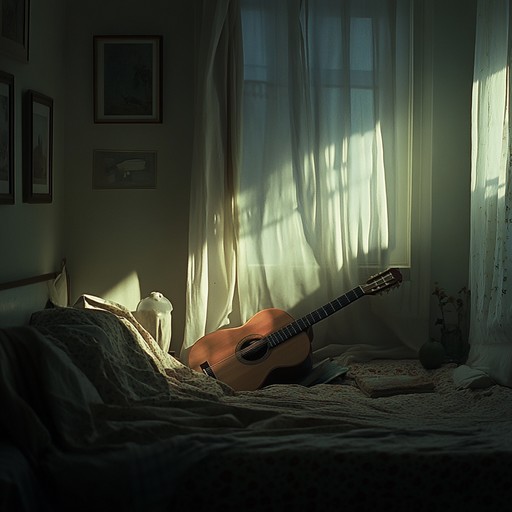 Cascading acoustic chords reverberate softly, evoking feelings of introspection and longing in a quiet, personal space.