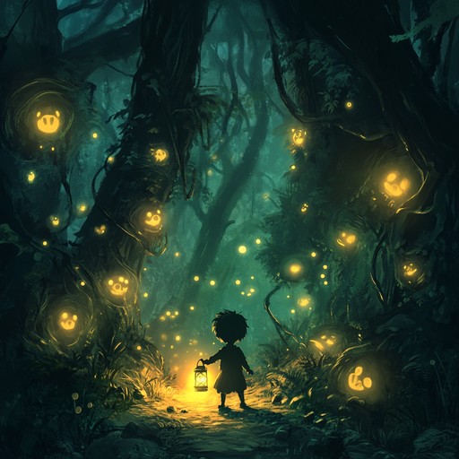 An instrumental composition depicting a child's exploration of a mystical forest under the stars, filled with magical beings and new discoveries. The music blends suspense and fascination, reflecting the child's emotions as they delve deeper into the unknown.