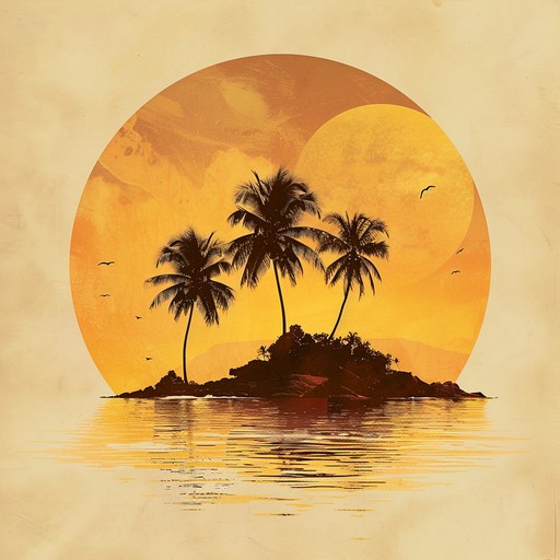 A dynamic orchestration of soaring violins and powerful reggaeton rhythms, evoking the ambience of a grandiose celebration on a tropical island under the golden sunset.