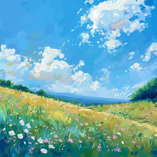 An instrumental piece that captures the essence of hope and renewal, inspired by the tranquil beauty of a sunlit meadow. The gentle strumming of the acoustic guitar intertwines with the fluttering melodies of flutes, creating an atmosphere of peaceful optimism. The music progresses with a bright, uplifting orchestration that mirrors the blossoming of flowers and the warmth of the sunrays.