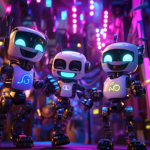Expanding on the premise, the bumbling bots boogie bash elevates the comedic electronic experience by integrating night club vibes where robots perform stand up routines designed by algorithms, with percussive metallic beats dropping at every punchline