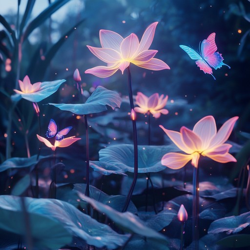 A whimsical composition that transports listeners to an ethereal garden glowing with neon lotus flowers, capturing the whimsical and serene essence of a surreal paradise in a j pop instrumental