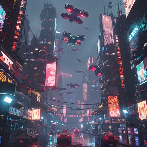 Explore a grand cyberpunk cityscape with sweeping synths and futuristic beats. Imagine neon lights guiding your path, digital horizons unfolding with an epic and majestic soundscape.