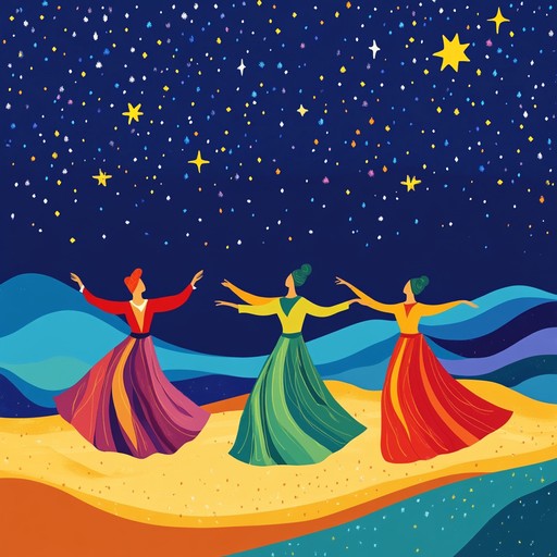 This energetic instrumental piece fuses traditional middle eastern instruments with lively rhythms, capturing the essence of a celebratory dance in a bedouin camp under the starry night sky.