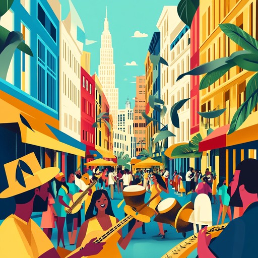 An upbeat instrumental combining the bustling sounds of city streets with lively samba rhythms, creating a playful and energetic urban atmosphere.