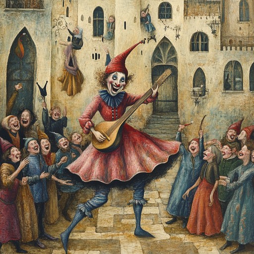 An upbeat instrumental featuring lively lute melodies that capture the joyful dance of a jester in a medieval court, blending playful rhythms with enchanting harmonies to create a whimsical and light hearted atmosphere.