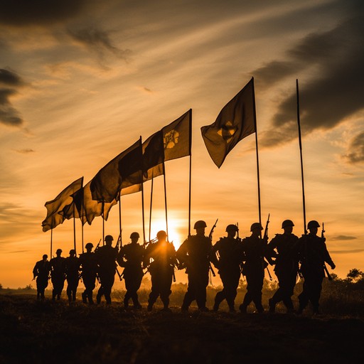 A lively instrumental military march featuring powerful drums and soaring brass, evoking the courage, camaraderie, and determination of soldiers heading into battle. The composition blends traditional marching rhythms with modern orchestration to create a stirring and inspirational piece that uplifts and motivates.