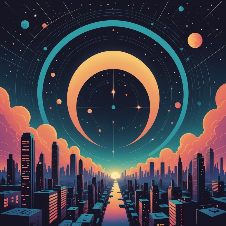 A journey through an expansive city made of stars and light, where the sounds of uk garage rhythms blend with the ethereal whispers of the cosmos, creating a seamless narrative of both isolation and connectivity in an infinite universe.