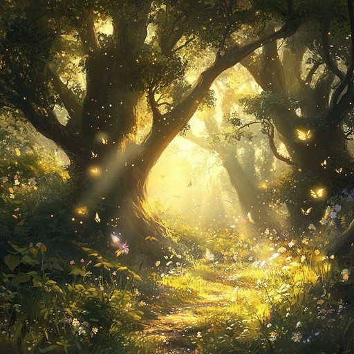 A serene, otherworldly journey through a forest where faeries dance, the gentle echo of wind chimes blending with the soft hum of a mystical harp. The ethereal soundscape immerses you in a timeless realm, sparkling with magical creatures and ancient trees whispering secrets.