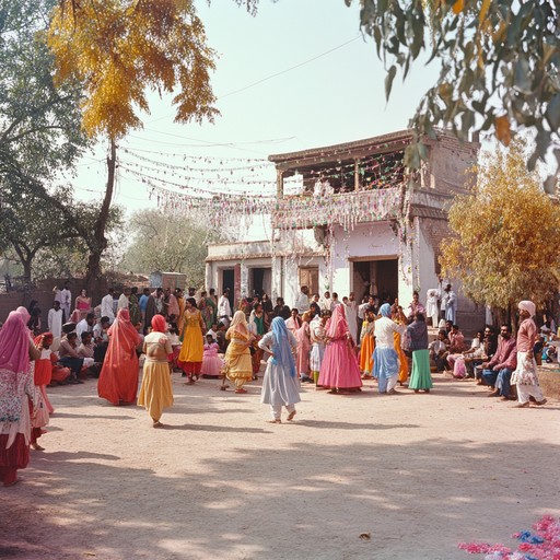 Imagine a scene of exhilarated dancers, adorned in colorful attire, moving rhythmically to the beats of the dhol under a sunset drenched sky, reflecting the spirit and tradition of punjabi culture amidst the backdrop of swaying golden wheat.