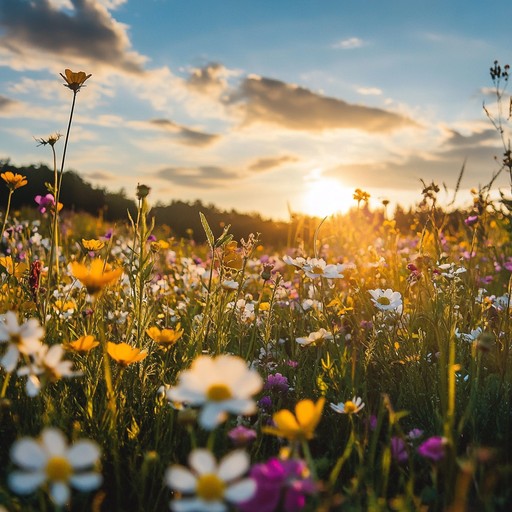 A vivacious blend of expressive violin and brisk percussion, capturing the essence of a bright, serene morning in a meadow. The arrangement is designed to evoke happiness and optimism, with shifting dynamics playing a crucial role in maintaining an engaging and uplifting ambiance