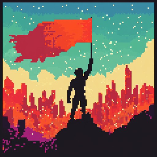 A triumphant chiptune journey featuring victorious melodies intertwined with playful beats, capturing the essence of 8 bit heroism and exuberant celebrations in a pixelated world.