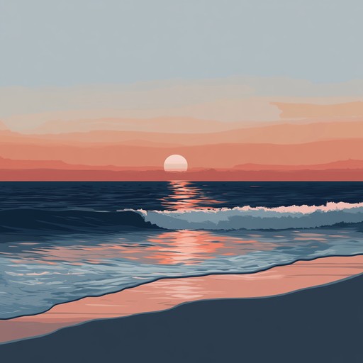 A serene composition capturing the essence of a peaceful sunset at the beach, blending ambient synths with gentle, calming melodies, creating a tranquil and laid back atmosphere perfect for unwinding.