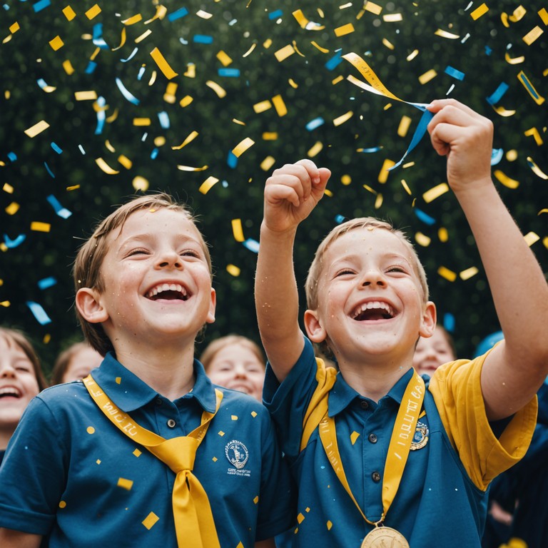 Imagine a scene of children celebrating their success at a school playground, with the music punctuating their laughter and cheers. It's a harmonious portrayal of innocent triumph, combining playful melodies that resonate with young listeners.