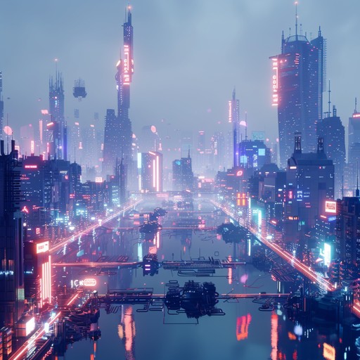 Imagine a serene night in a futuristic city where the glowing lights reflect off glass skyscrapers. The music pairs soothing synth waves with gentle electronic beats, creating a calming atmosphere that feels both contemporary and timeless.