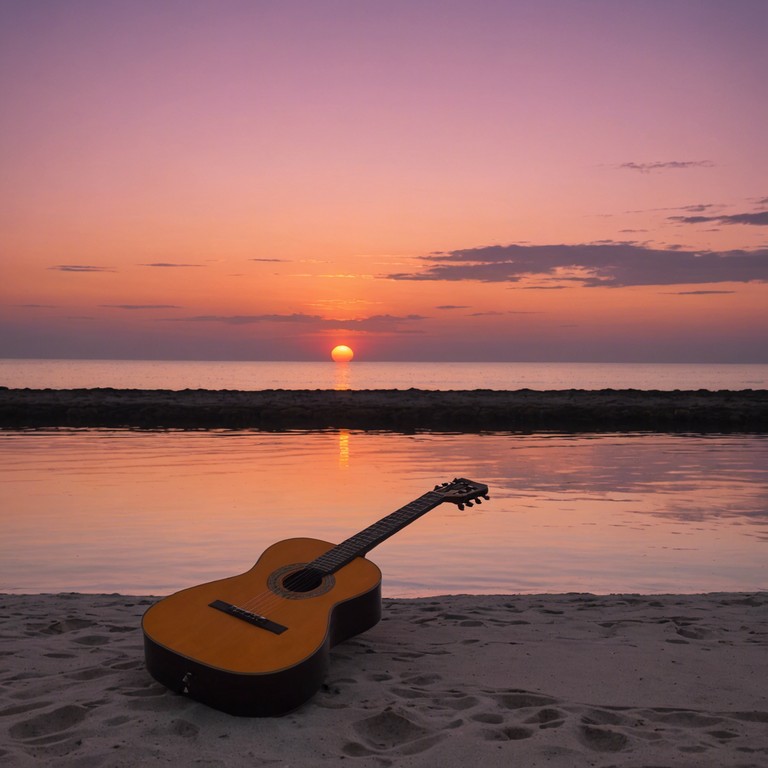 As the sun dips below the horizon, the soft strums of a classical guitar blend with the sounds of gentle waves, providing a perfect backdrop for relaxation and introspection at the beach.