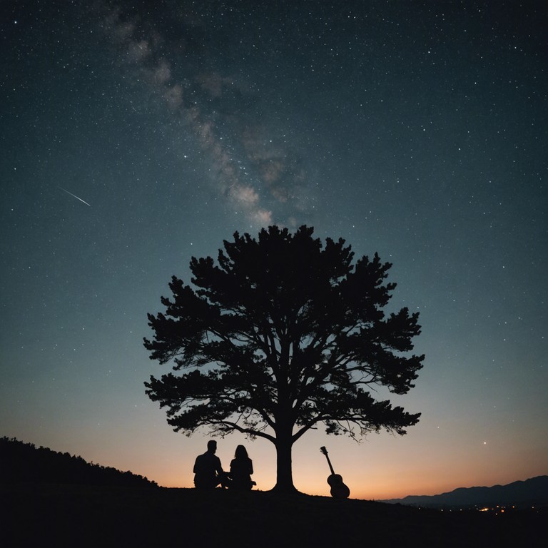 In the hush of a rustic evening, gentle guitar melodies weave through the crisp night air, evoking feelings of intimate closeness and peaceful solitude under a sprawling, starlit sky. An acoustic guitar holds the spotlight, drawing out slow, sensual country tunes that speak to the heart's softest whispers.