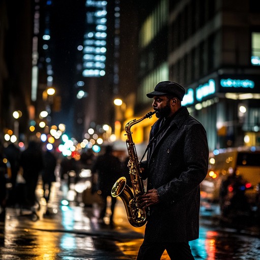 A dynamic and upbeat instrumental jazz piece that captures the confident spirit and vibrant energy of a city at night, featuring expressive saxophone melodies and lively rhythms.