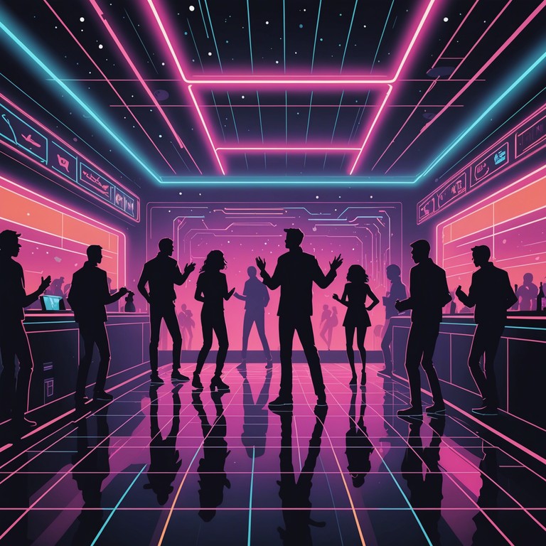 A lively and spirited disco track pulsating with vibrant neon lit energy, merging classic disco vibes with modern synth. The music whisks listeners back to the golden age of disco, reimagined for today's dance scene with bright synths and contagious rhythms.