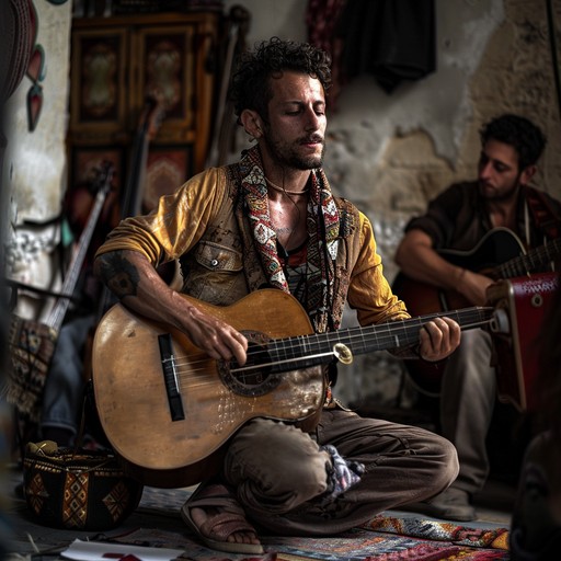 A vibrant and emotive balkan gypsy song featuring virtuosic violin and accordion melodies dancing over intricate guitar and percussion rhythms, evoking the spirit and fire of romani culture