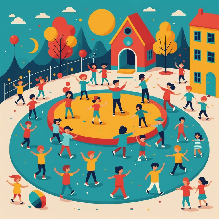 Imagine a scene in a colorful playground where children are dancing around with big smiles, holding balloons and wearing funny hats. This music plays in the background, adding to the vivid, joyful atmosphere of childlike wonder.