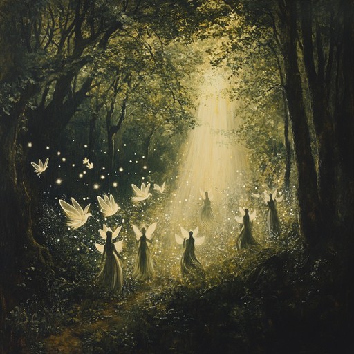 A mesmerizing instrumental track with whimsical melodies and minimal instrumentation, painting an aural picture of an enchanted grove where fairies dance amongst shimmering leaves. The music captures the light hearted, magical atmosphere of the forest, evoking a sense of playful wonder