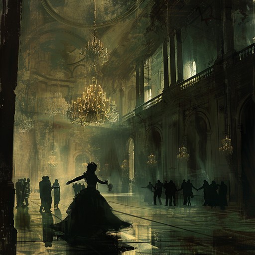 A dramatic instrumental evoking a haunted masquerade ball. The piece is set against a backdrop of ghostly whispers and eerie strings, creating a brooding and mysterious atmosphere. Imagine a grand, yet dilapidated ballroom where masked dancers glide through the shadows, their movements both elegant and haunting. As the music swells, the sense of an ancient curse looms, making every note filled with suspense and dark allure.