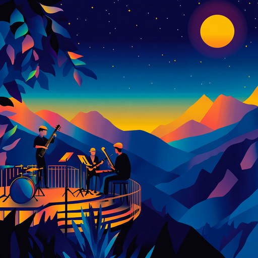 This alternative description takes you on a mesmerizing journey where the jazzy swing vibes playfully intertwine with mountain folk tunes, creating an engaging scene of cultural and musical fusion that is both unique and evocative.