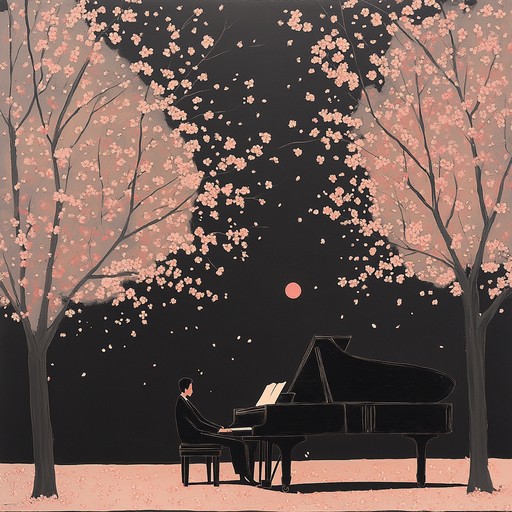 A soothing instrumental with gentle piano harmonies that capture the quiet beauty of cherry blossoms glowing under the moonlight, evoking tranquil and reflective emotions.