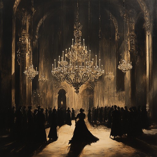 An instrumental piece that blends dark cabaret with majestic orchestration, creating an atmosphere where haunting piano melodies intertwine with rich, dramatic strings, evoking a sense of mystery and grandeur in a shadowed ballroom