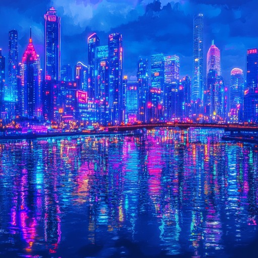 A serene view of a neon lit futuristic city just as the sun dips below the horizon, mirrored perfectly on a calm river, creating an atmosphere of peaceful anticipation mixed with the vibrancy of night life. The music flows gently, marrying whispers of the city with soft, melodic synth waves.