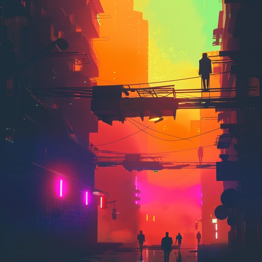 An exhilarating synth driven piece with energetic beats and melodic hooks, reminiscent of a neon dripped futuristic urban dreamscape, full of vibrant excitement and joy of city nights.