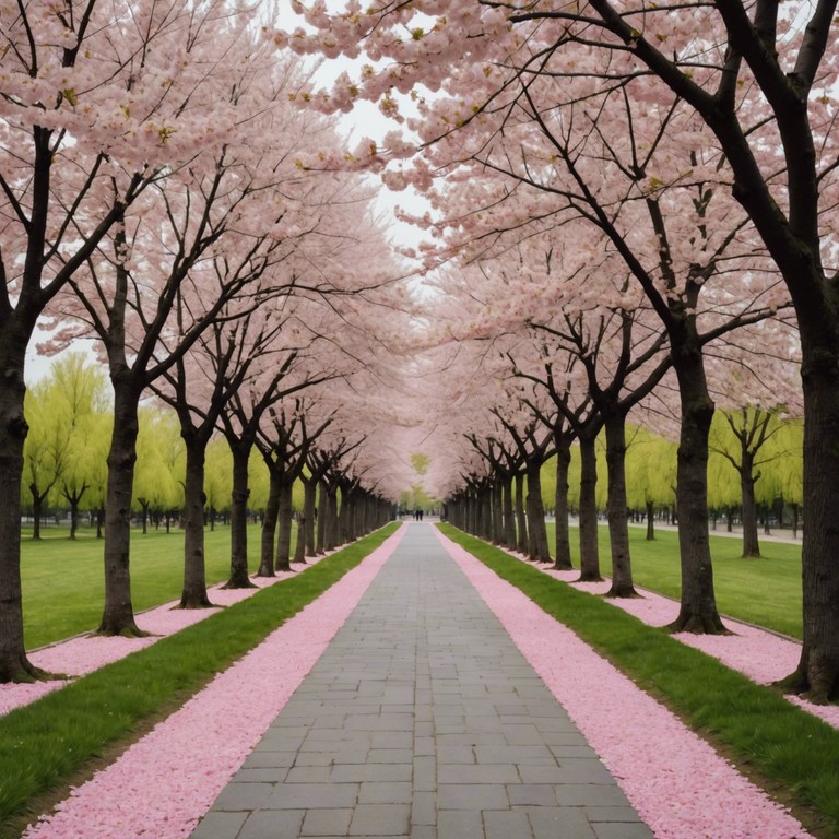 In this tranquil composition, the gentle strumming of a koto sets a serene backdrop, as if one is wandering through a quiet path lined with blooming cherry trees under the soft, early spring sky. The music invokes a sense of peace and delicate beauty, resembling the ephemeral nature of sakura petals drifting in a light breeze.