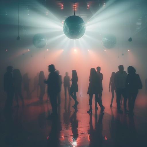 Envision a disco inferno with dancers swaying to a dark, pulsating beat while ghostly synthetic melodies and unsettling echoes fill the room, creating a mysterious and slightly spooky atmosphere.