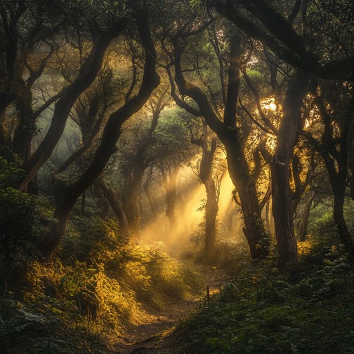 Immerse in a tranquil forest at dawn where the mist rises gently, sunbeams filter through ancient trees, and subtle melodies of nature create a serene, otherworldly spiritual experience