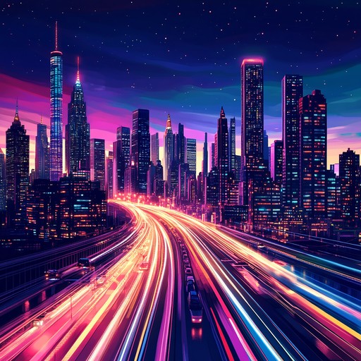 A dynamic instrumental piece featuring driving synth rhythms and captivating melodies, reflecting the excitement of exploring a neon lit cityscape, evoking feelings of freedom and exhilaration.