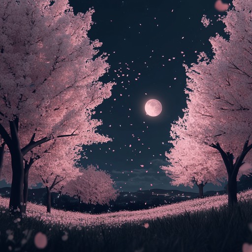 An instrumental piece that captures the delicate beauty of cherry blossoms at night, blending traditional japanese instruments with modern orchestration to create a serene and enchanting atmosphere reminiscent of elegant anime soundtracks.