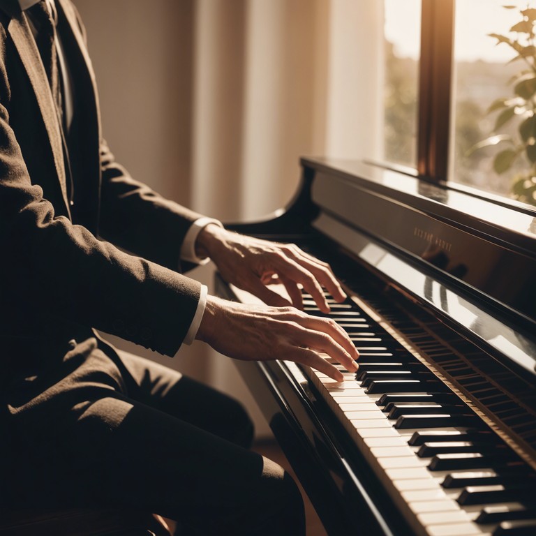 Imagine a room bathed in the golden, fading light of sunset where a single pianist pours emotion into every gentle keystroke, creating a soundscape that's as introspective as it is melodic. This alternative description provides a deeper insight into the environment and the emotional pull of the musical piece.