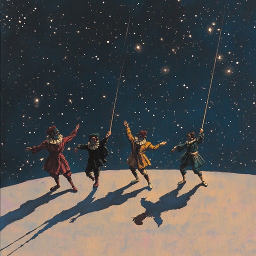 A starry night serves as the backdrop for an extraordinary clown performance, their silhouettes dancing eerily yet amusingly against a lunar tapestry. The composition uses the accordion's versatile voice to bring out the essence of a playful, whimsical evening filled with laughter and oddities.