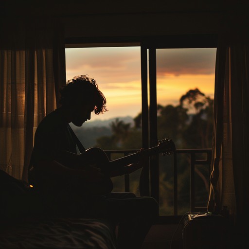 Subtle strumming of an acoustic guitar, evoking deep yearning and heartfelt introspection. Each note, deliberate and poignant, resonates with a profound sense of longing, crafting an emotional and somber atmosphere.