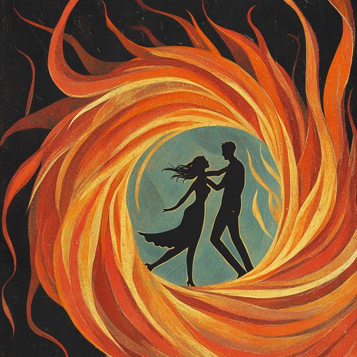 An instrumental waltz that captures the fiery essence of passion, with swirling melodies that mimic the dance of flames amid a tempest, evoking imagery of a ballroom engulfed in a dramatic blaze.