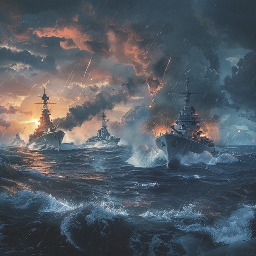 A dramatic symphonic piece illustrating russia's naval power in an enraged and dynamic sea battle, characterized by forceful brass sections, relentless drums, and ominous string arrangements.