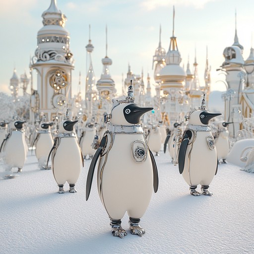 An upbeat instrumental track that captures the whimsical journey of clockwork penguins marching through a snowy carnival, blending quirky melodies with a festive atmosphere.