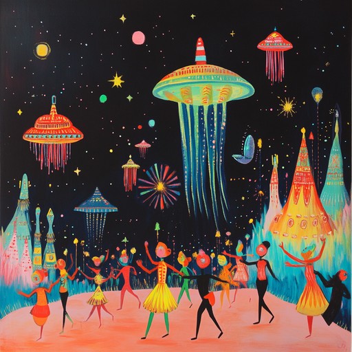 A euphoric track fusing the lively rhythms of carnival with mesmerizing spacey synth melodies. Envision a grand parade taking place among the stars, with jubilant beats and sparkling tones that transport listeners to a cosmic celebration. The piece features vibrant percussion sections, triumphant brass, and ambient synth lines, encapsulating the vibrancy of carnival within a galactic setting.