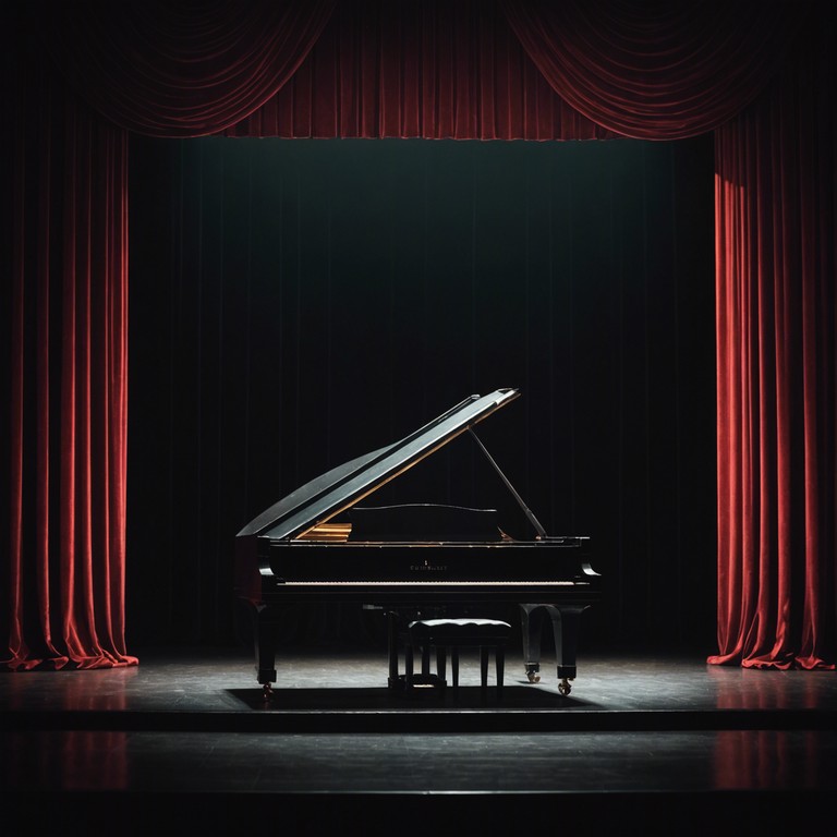 A captivating instrumental track featuring a grand piano at the forefront, orchestrating the eerie and theatrical ambience of a nocturnal cabaret show. The music intertwines a sinister vibe with moments of quiet tension and sudden melodic surges, mimicking the unpredictable twists in a dark drama set in an underground venue.