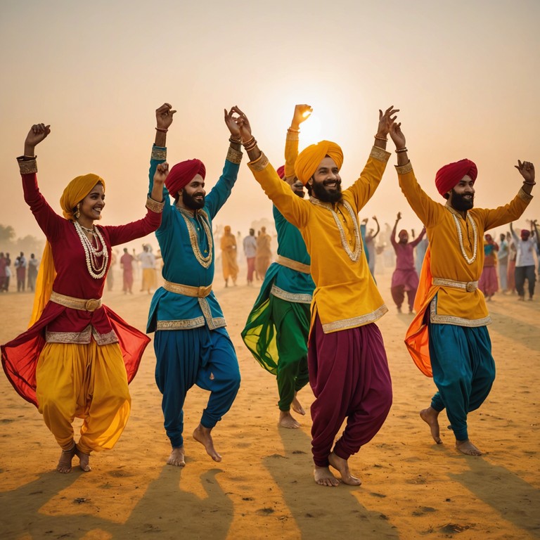 Imagine a dawn bursting with energy as vibrant beats of a dhol resonate, capturing the essence of lively punjabi celebrations. Effervescent melodies blend with rhythmic dynamism, creating an atmosphere of unbridled joy and communal dance.