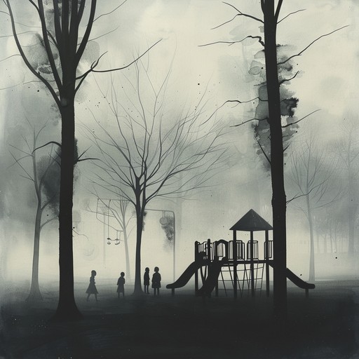 An eerie melody reminiscent of children's playground songs, layered with suspenseful undertones creating an atmosphere of mystery and curious exploration in an enchanted, yet creepy nighttime playground.