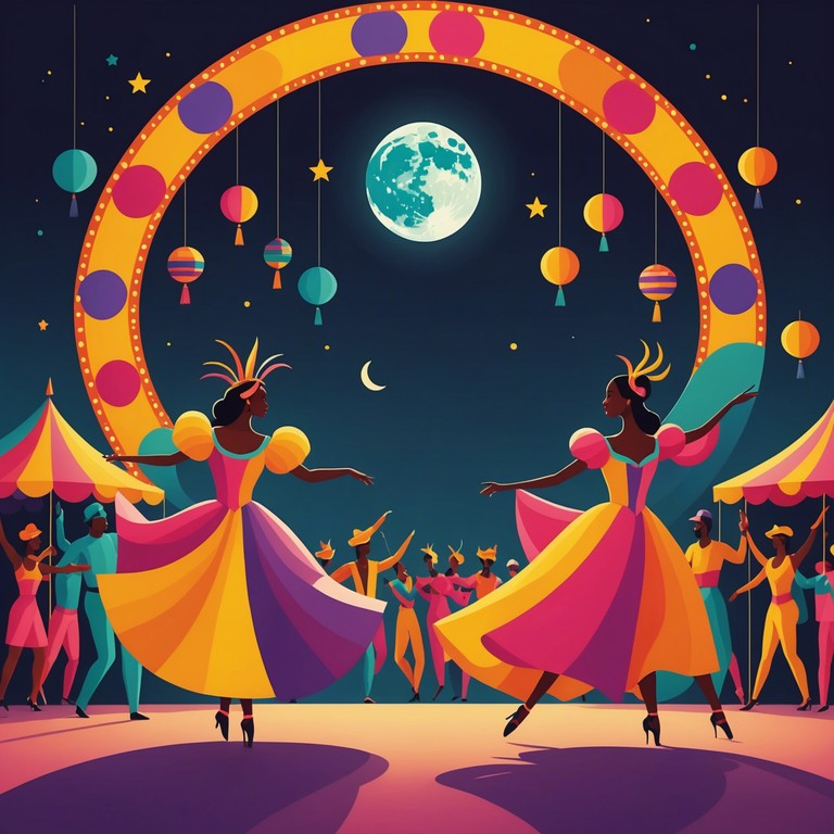 In this exhilarating track, the pulsating beats of traditional carnival drums echo the energy of a moonlit festive scene. The sound captures the essence of revelry that intensifies under the night sky, where dancers move vigorously against the backdrop of vibrant cultural expressions, and the air is electrified with unyielding enthusiasm and the spirit of celebration.