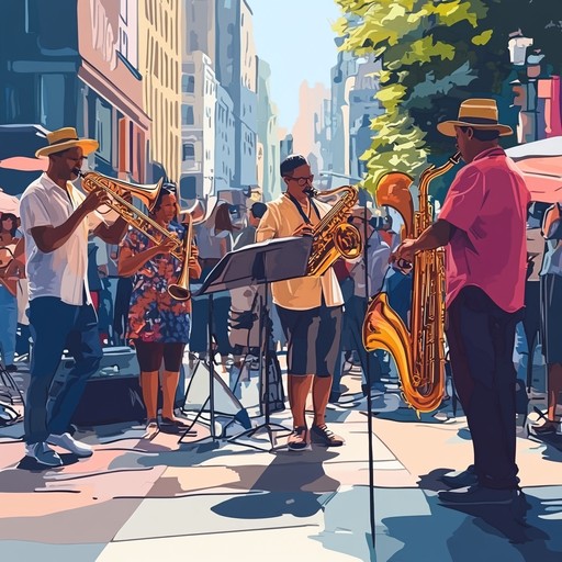 A lively and infectious jazz piece that perfectly captures the essence of a bustling city on a sunny day, filled with vibrant saxophone melodies and rhythmic swings, inviting listeners to dance along and enjoy the summer vibes