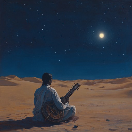 A hauntingly emotional instrumental, desolate desert night marries the intricate nuances of indian classical raga with the raw, evocative tones of rock. This composition skillfully uses the sitar, delivering a dynamic range that flows from serene to intense, creating a landscape of loneliness and introspection. The melody sings tales of wandering souls lost in a vast desert under a starlit sky, invoking deep emotions of solitude, longing, and contemplative peace.